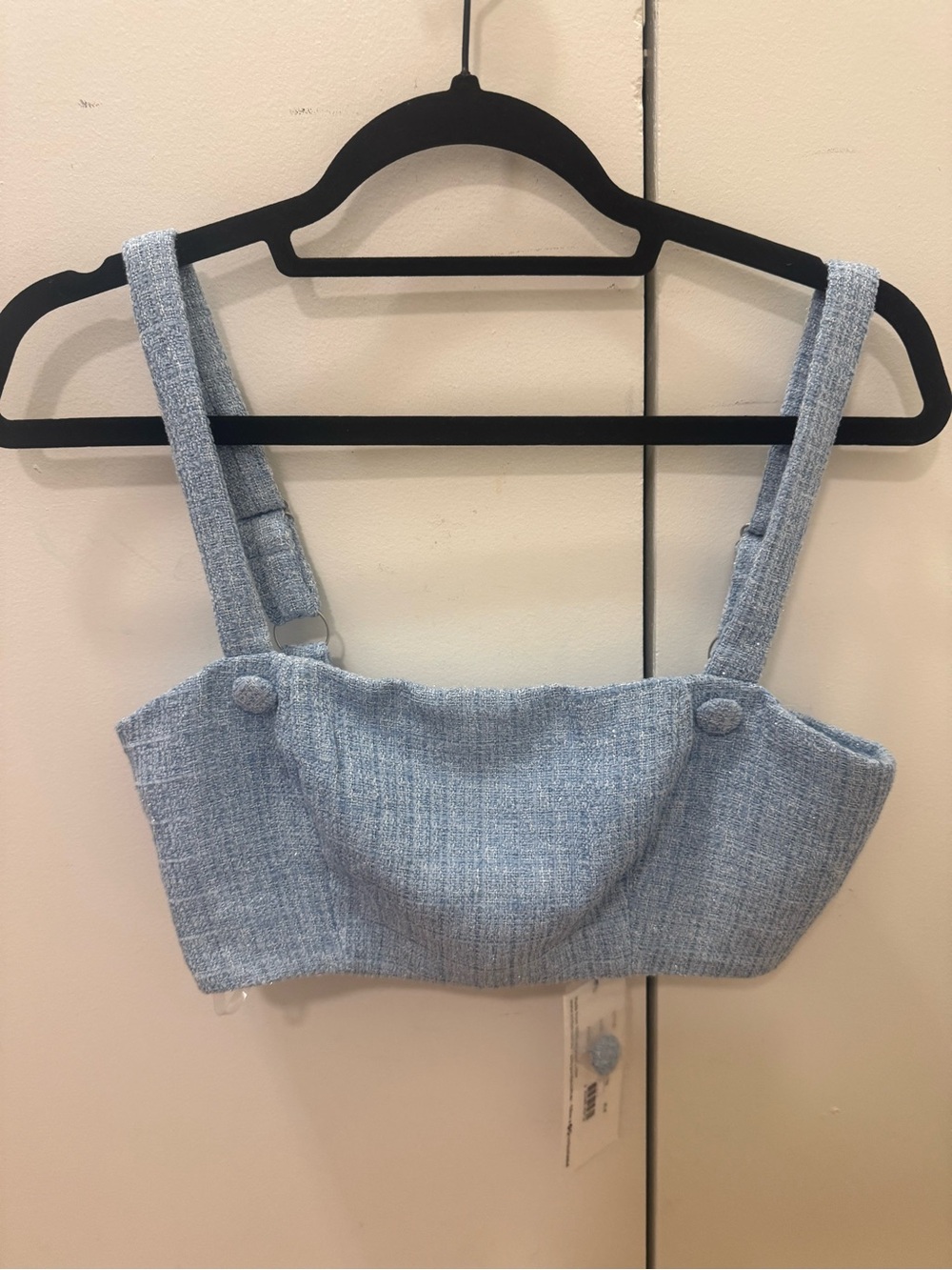 Blue Tweed Crop Top with Button Straps